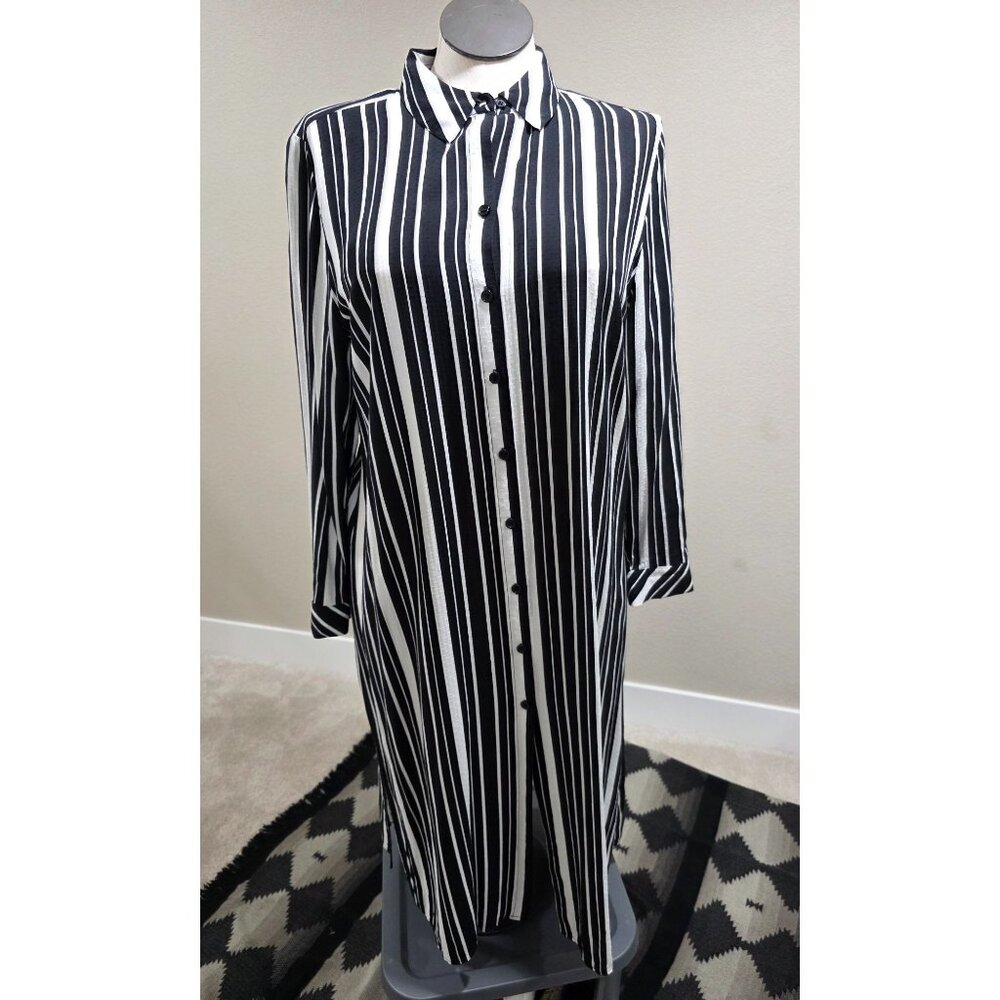 Black & White Striped Long Button-Down Shirt Dress By Chicos Size 2/12-14